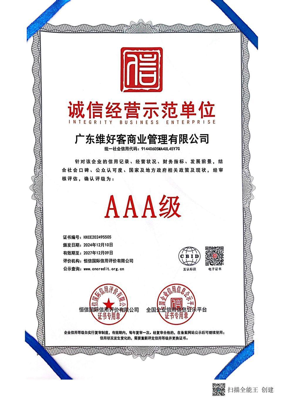 诚信经营示范单位证书
