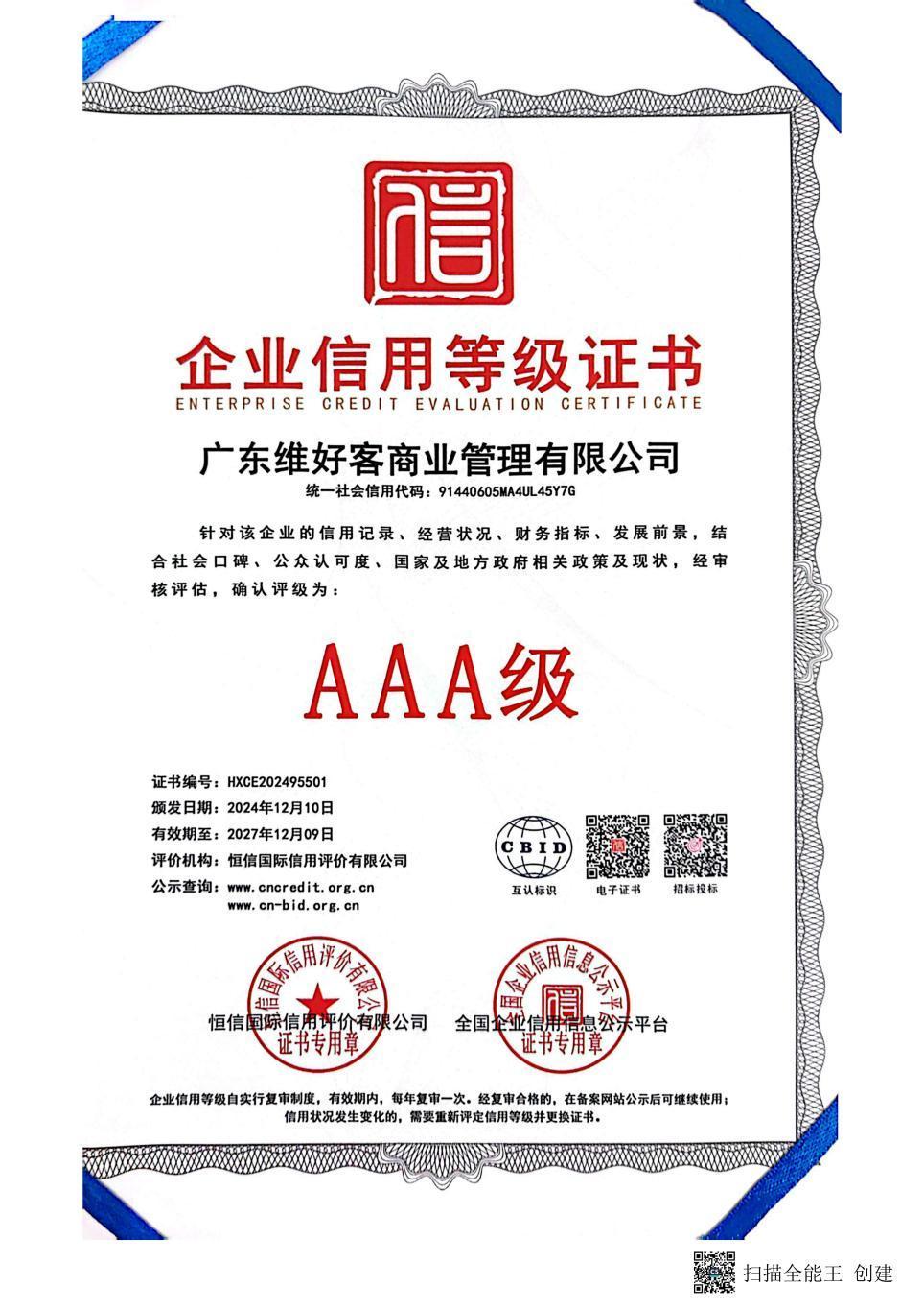 企业信用等级证书证书